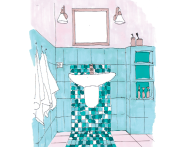 Rysunek poglądowy: Chodnik z mozaiki na podłodze wiedzie wprost do umywalki