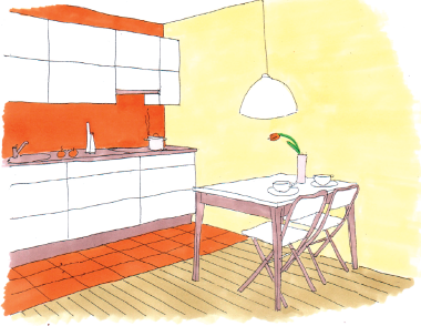 Rysunek poglądowy: Wąski pas terakoty ułożony przed szafkami kuchennymi zmniejsza jej powierzchnię