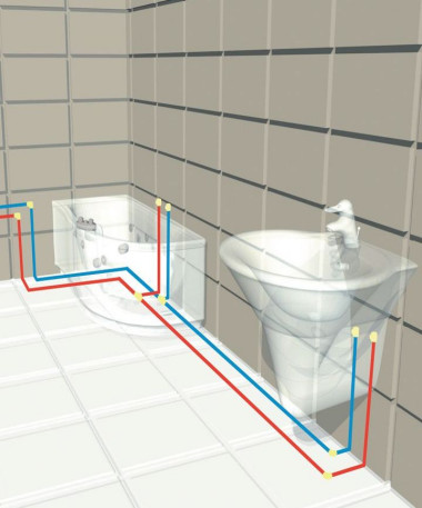 Schemat: Prowadzenie rur instalacji wodociągowej w układzie trójnikowym
