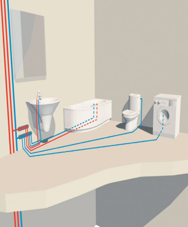 Schemat: Prowadzenie rur instalacji wodociągowej w układzie rozdzielaczowym