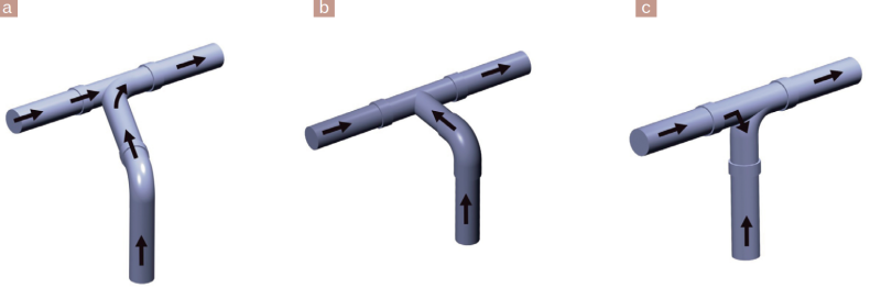 Prawidłowy montaż trójników zapobiegający spadkom grawitacyjnym (a i b) i błędny montaż (c)