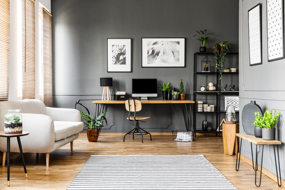 Na ścianie głęboko matowa farba ceramiczna Dekoral Home&Style w GREY STONE