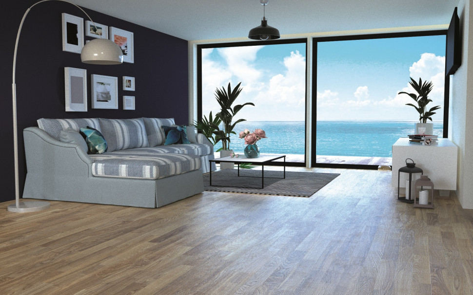 Parkiet jesionowy o wymiarach 7 x 49 cm, z wyraźnym rysunkiem słojów drewna