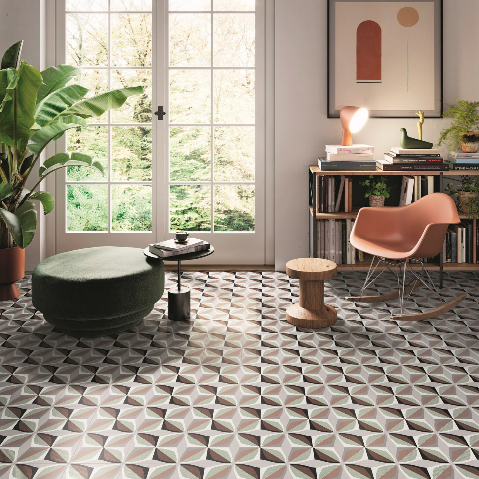 Posadzka z wielkoformatowych płytek w stylu op-art