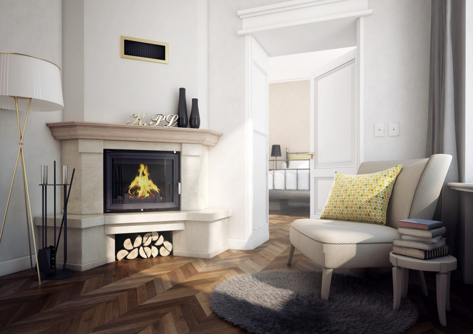 Kominek nawiązujący formą wykończenia obudowy do stylu klasycznego