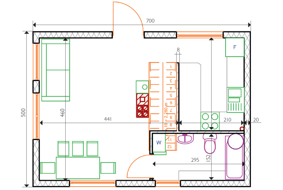 Rzut parteru domku o powierzchni 35 m2