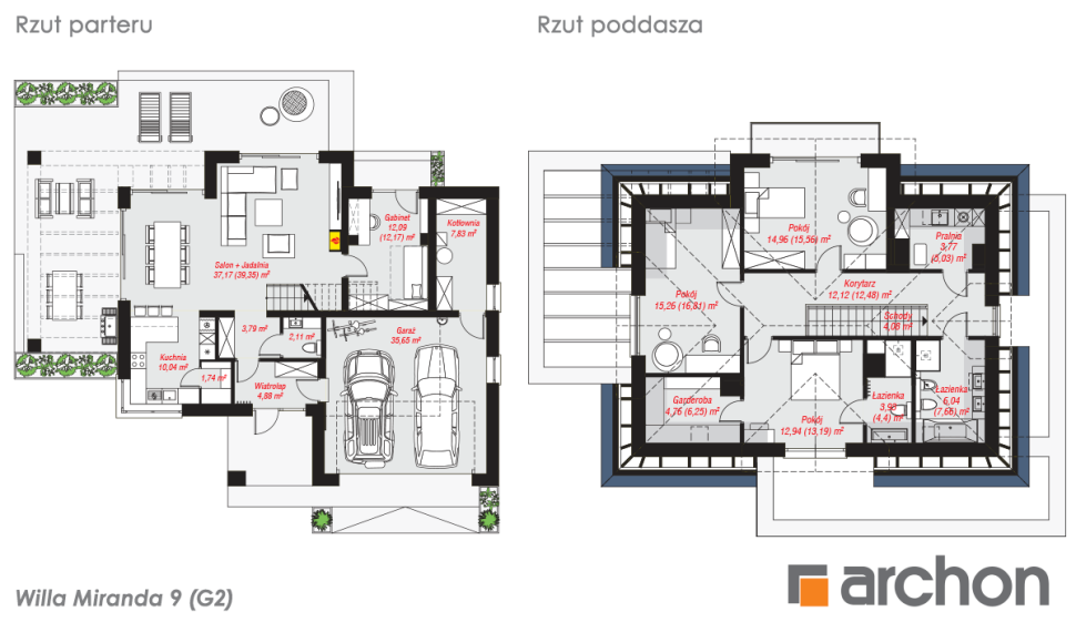 Projekt Willa Miranda 9 (G2) - rzut parteru i poddasza