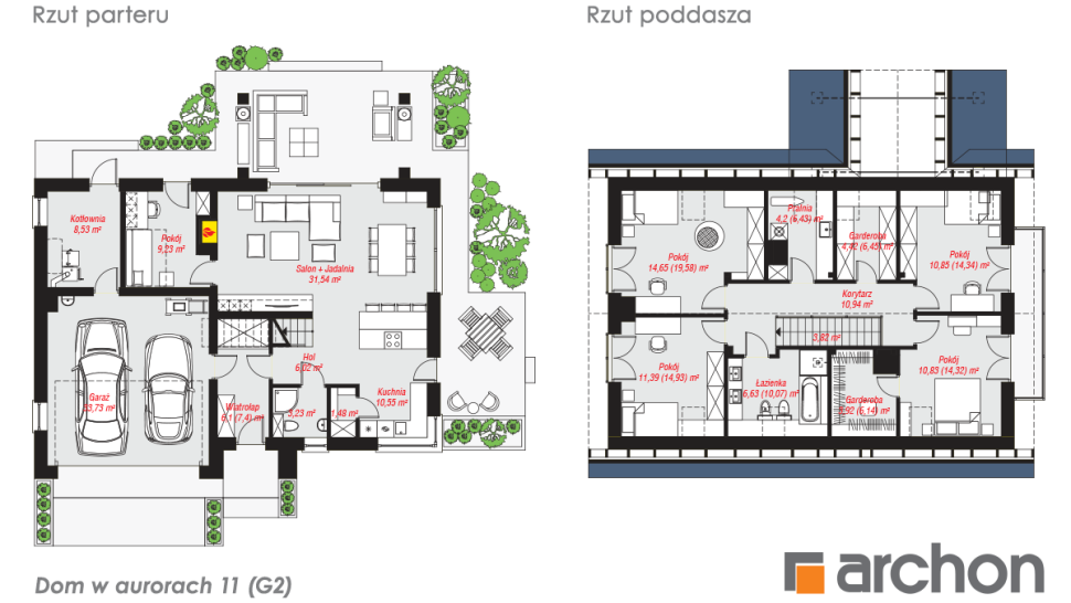 Dom w aurorach 11 (G2) - rzut parteru i rzut poddasza