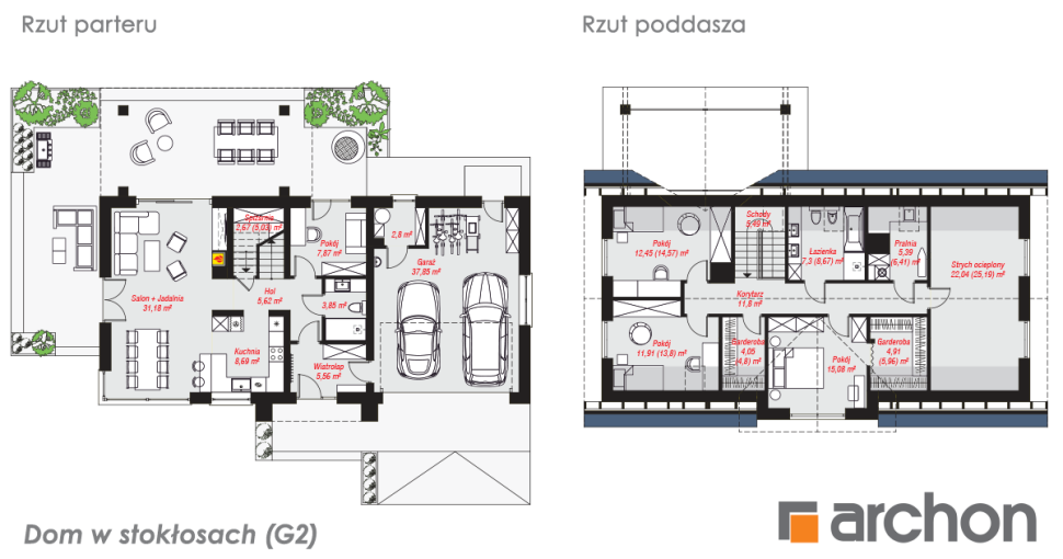 Dom w stokłosach (G2) - rzut parteru i rzut poddasza