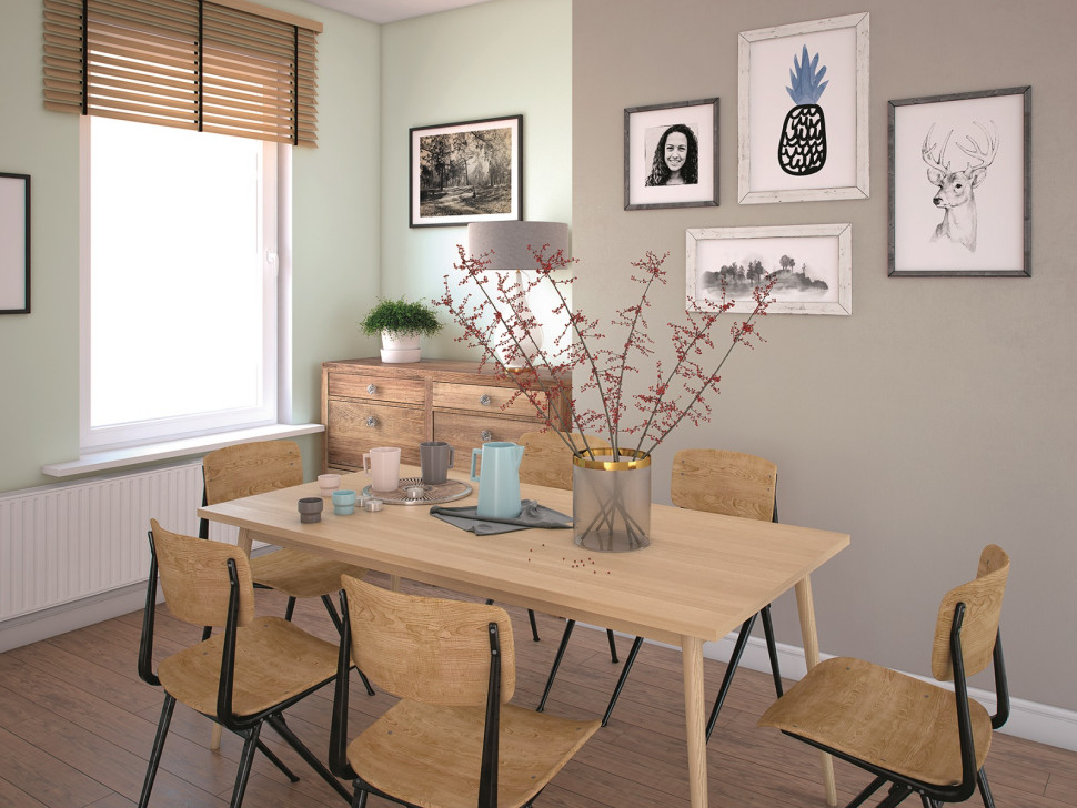 Ściany jadalni pomalowane na różne odcienie szarości