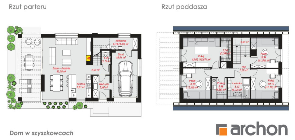Rzut parteru i poddasza projektu Dom w szyszkowcach z kolekcji ARCHON+