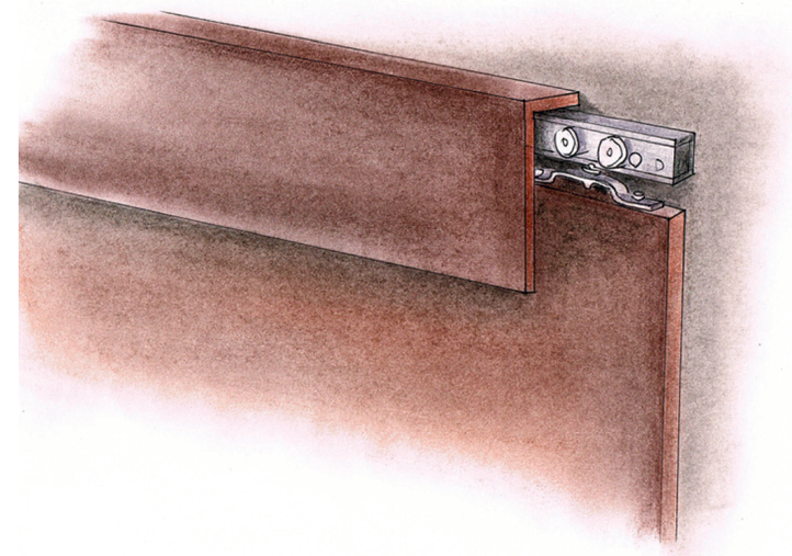 Skrzydło drzwi przesuwnych chowanych w kasecie porusza się po szynie montowanej nad ościeżem - rysunek