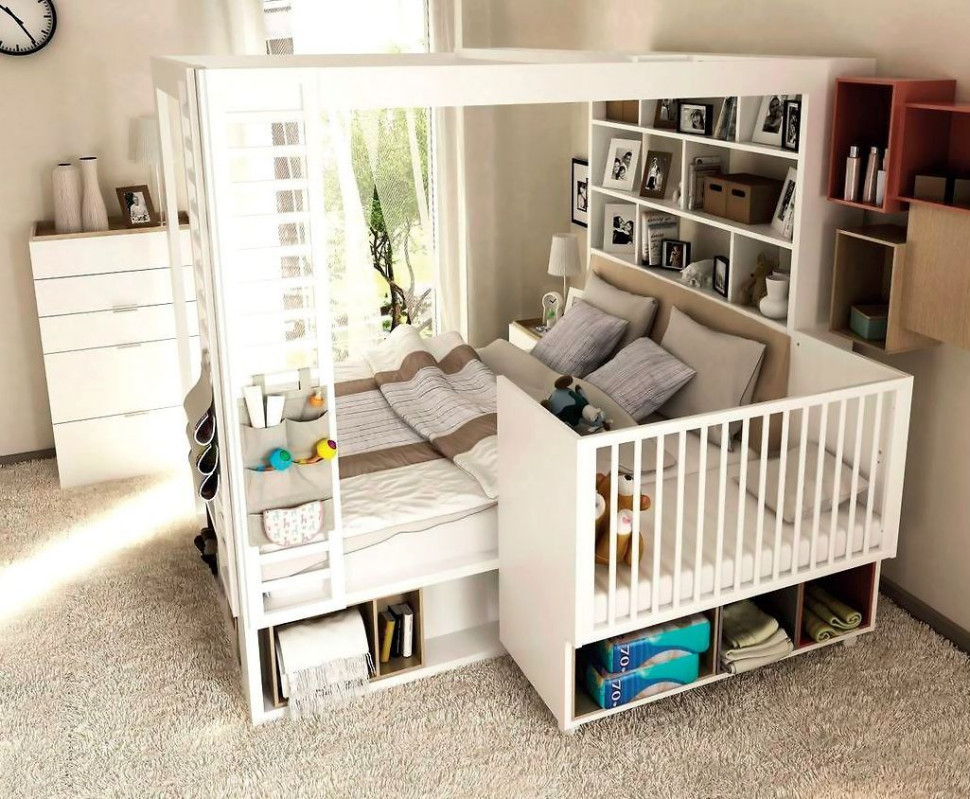 Wielofunkcyjne łóżko małżeńskie 4 You z dostawianym łóżeczkiem niemowlęcym, baldachimem, regałem w zagłówku oraz systemem praktycznych schowków i drabinek