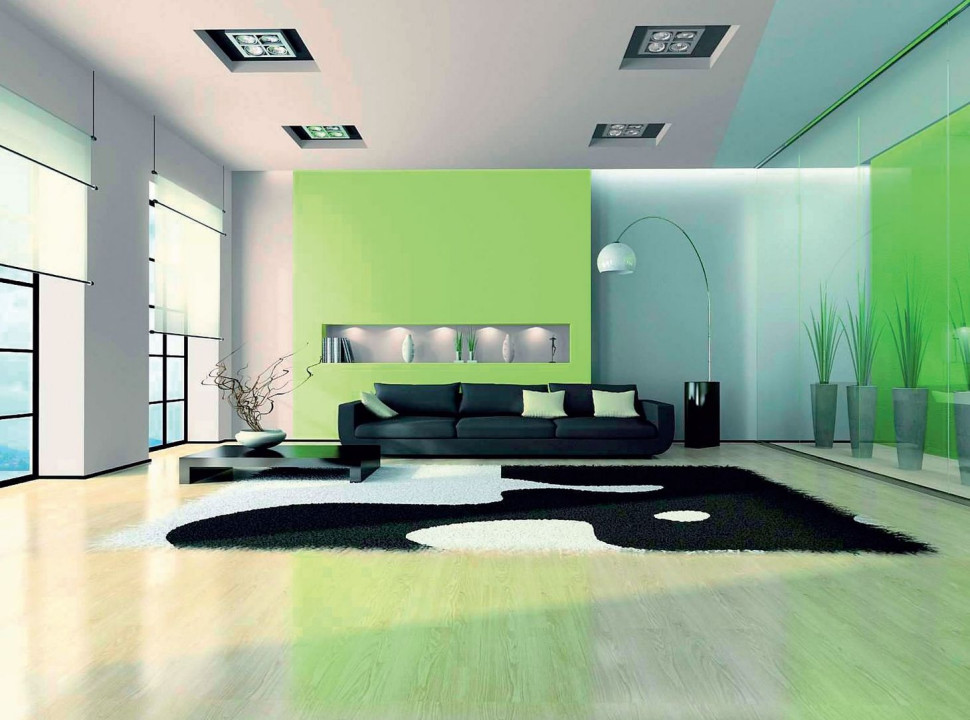 Fragment ściany w salonie pomalowany na kolor limonkowy