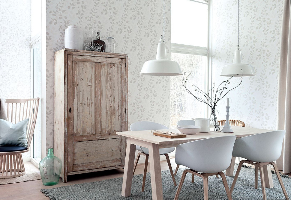 W aranżacji wykorzystano tapetę Everyday marki Boras Tapeter w delikatne wzory