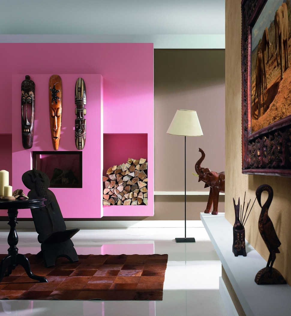 Aranżacja wnętrza z wykorzystaniem farb: Róż zbliżony do amarantu RB 6860 oryginalnie skojarzono z beżami YR 6040 i YR 7960