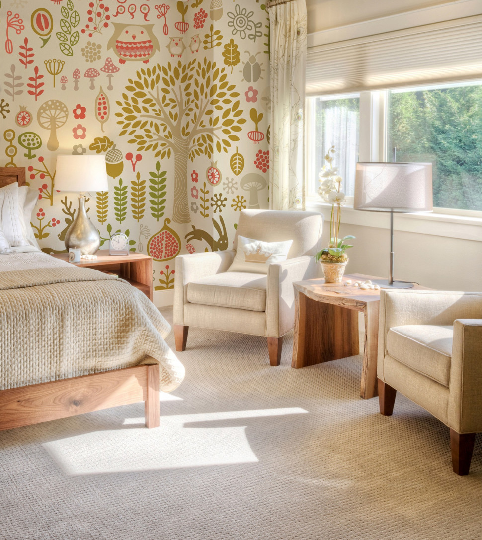 Aranżacja ściany z wykorzystaniem nadruku na płótnie o grubych splotach, które przyklejono do ściany klejem do tapet ciężkich