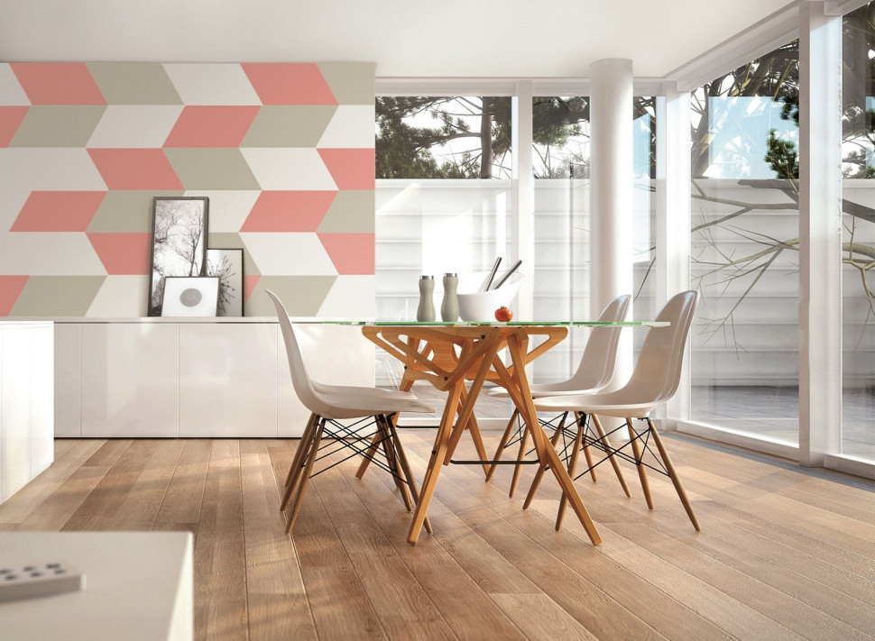 Stonowane wnętrze według trendu Powrót pasteli. Na ścianach użyto bieli Majowa Konwalia (173), koralowego różu Azalia Łososiowa (163) i szarości Skaliste Wybrzeże (158)