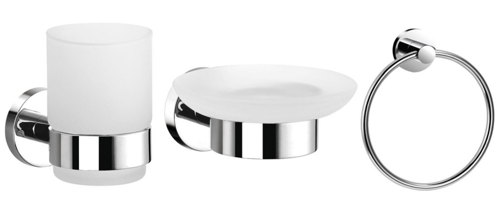 Eleganckie akcesoria łazienkowe z linii Grace: pojedyncza szklanka, mydelniczka, okrągły wieszak na ręczniki