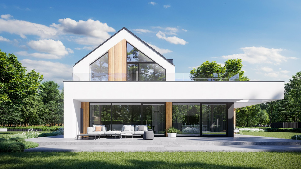 Projekt HomeKONCEPT 79 - wizualizacja od strony tarasu