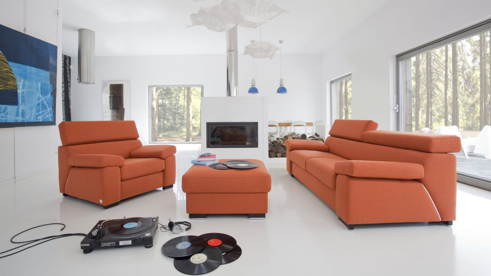 Modułowy zestaw wypoczynkowy Bilbao, sofa i fotel mają unoszone zagłówki i podłokietniki, 2,5-osobowa sofa ma funkcję spania
