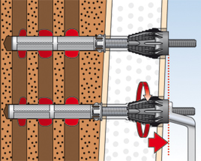 Mocowanie markizy: Regulacja kotwy kluczem i wypełnienie klejem uszczelniającym szczeliny między plastikowym stożkiem a izolacją