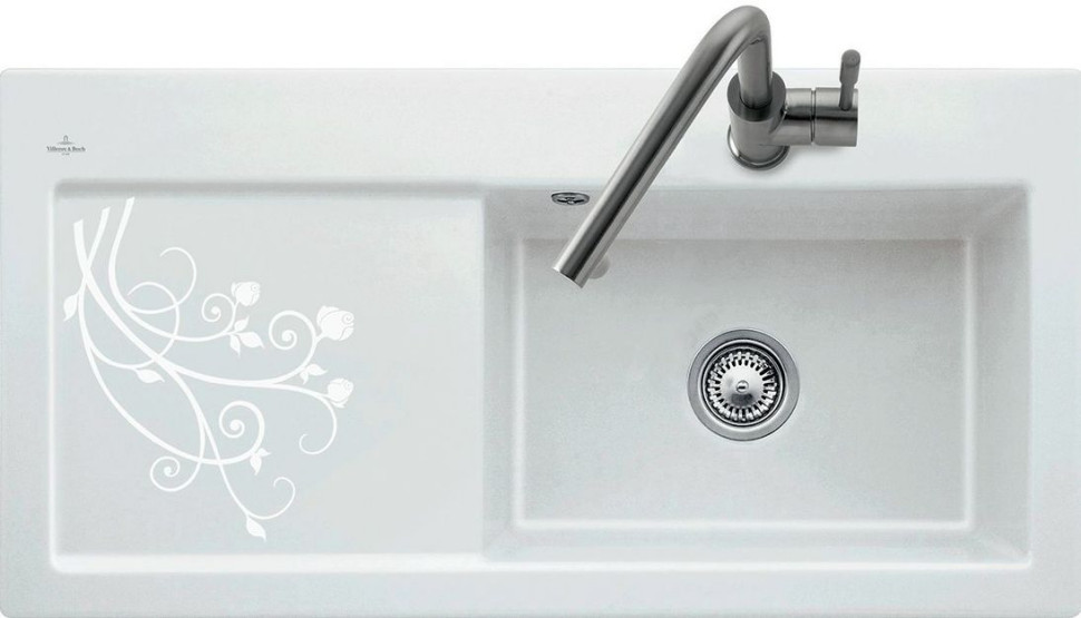 Wpuszczany w blat zlewozmywak ceramiczny Subway 60 XL w wykończeniu La Rose CeramicPlus z kwiatowym ornamentem