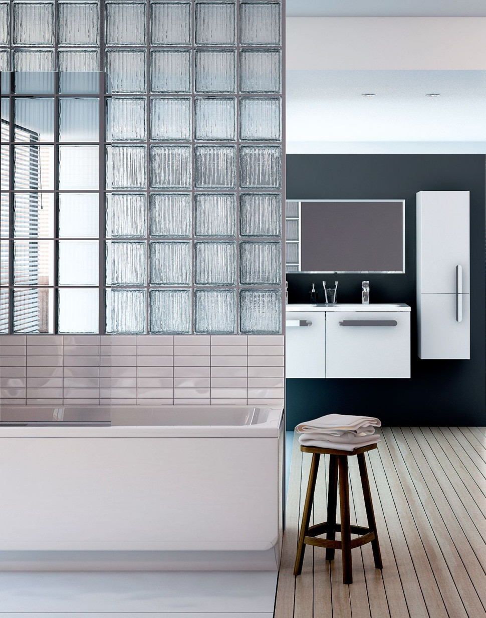 Ścianka z pustaków szklanych w łazience - aranżacja