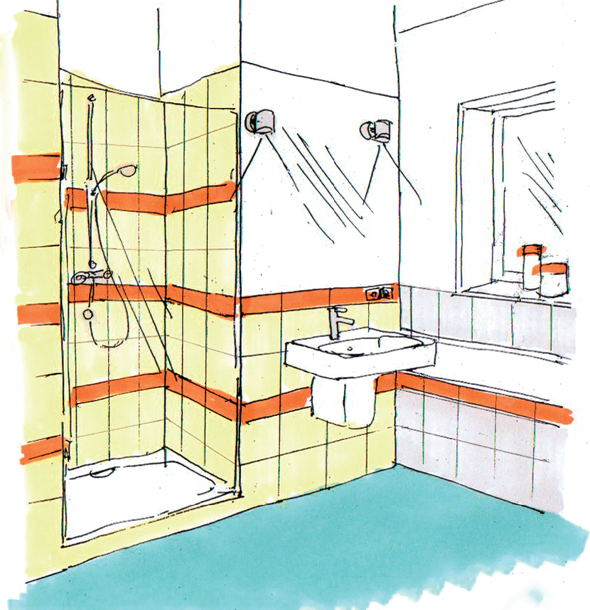 Planowanie łazienki - praktyczne wskazówki: umiejscowienie wanny i natrysku - rysunek poglądowy