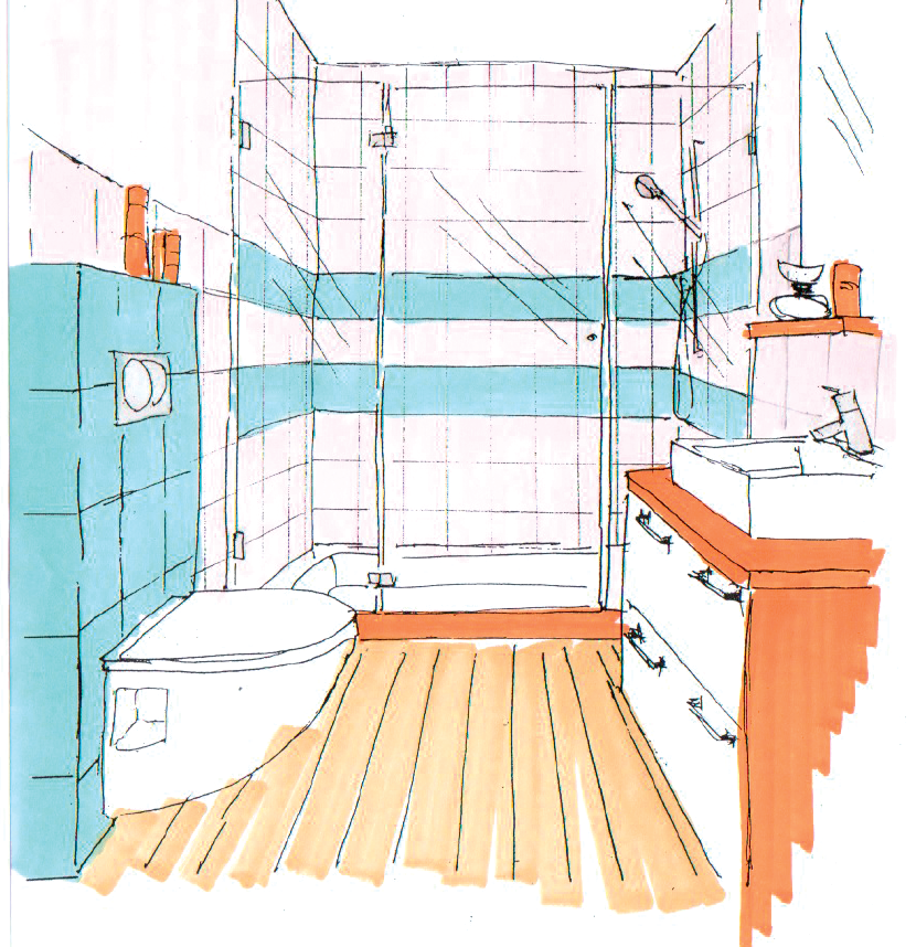 Projektowanie łazienki - zastosowanie prysznica z podwójnym brodzikiem - przykładowy rysunek aranżacji