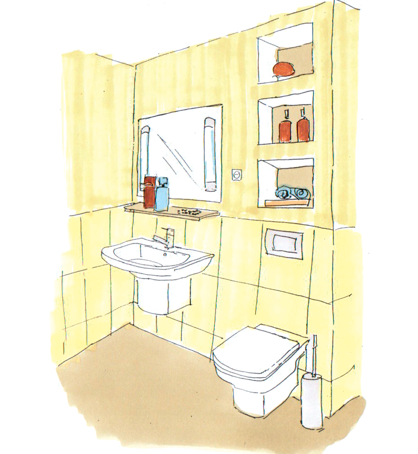 Planowanie łazienki - montaż sedesu i umywalki - rysunek poglądowy