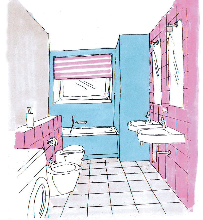 Projektowanie łazienki - montaż wanny pod oknem i zastosowanie kontrastowych kolorów, skróci optycznie długie wnętrze - rysunek poglądowy