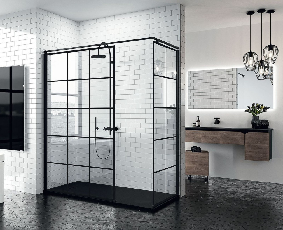 Obszerna kabina natryskowa Kuadra H o wymiarach 140 x 100 cm, z wzorem doskonale imitującym stalowe ramy