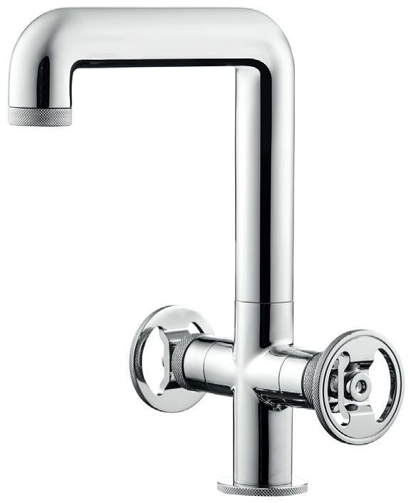 Bateria Bold Round marki IB Rubinetterie z uchwytami przypominającymi fabryczne pokrętła w stylistyce steam-punkowej