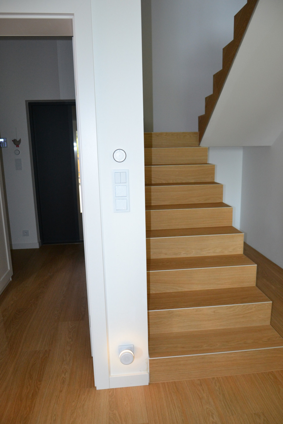 Ściemniacz i łączniki klawiszowe, na dole gniazdo ze zdalną lampką oświetlającą wejście na schody