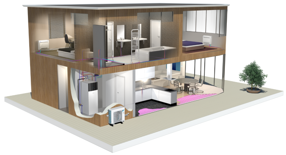 Przykładowa instalacja z pompą ciepła powietrze-woda Daikin Altherma 3 R F - schemat