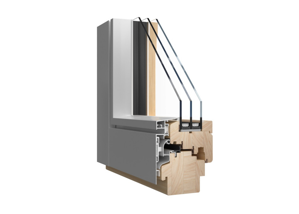 W oknach FLUSH aluminiowe nakładki, osłaniające od strony zewnętrznej skrzydło i ościeżnicę, są ze sobą zlicowane 