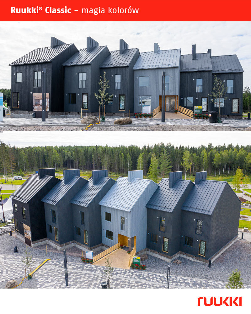 Dachy budynków osiedla pokryte panelami na rąbek stojący Ruukki Classic w kolorach: czarnym, antracytowym, grafitowym i szarym