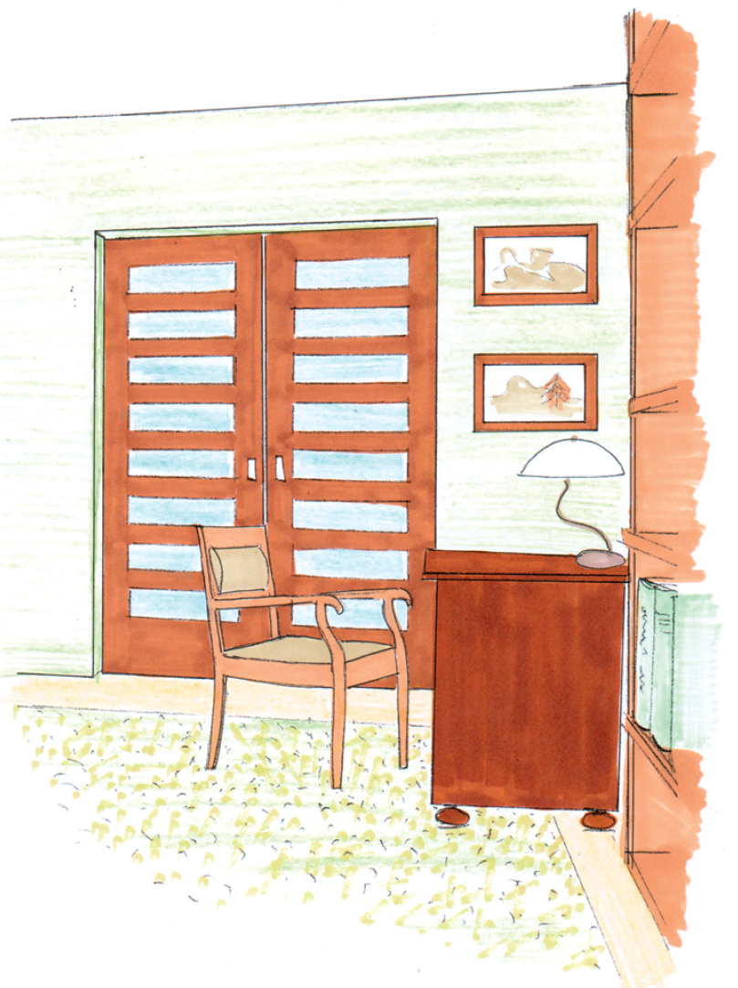 Biurko i fotel stoją tak blisko przejścia między pokojami, że tylko przesuwane drzwi (chowane w kasecie) umożliwiają swobodne przejście