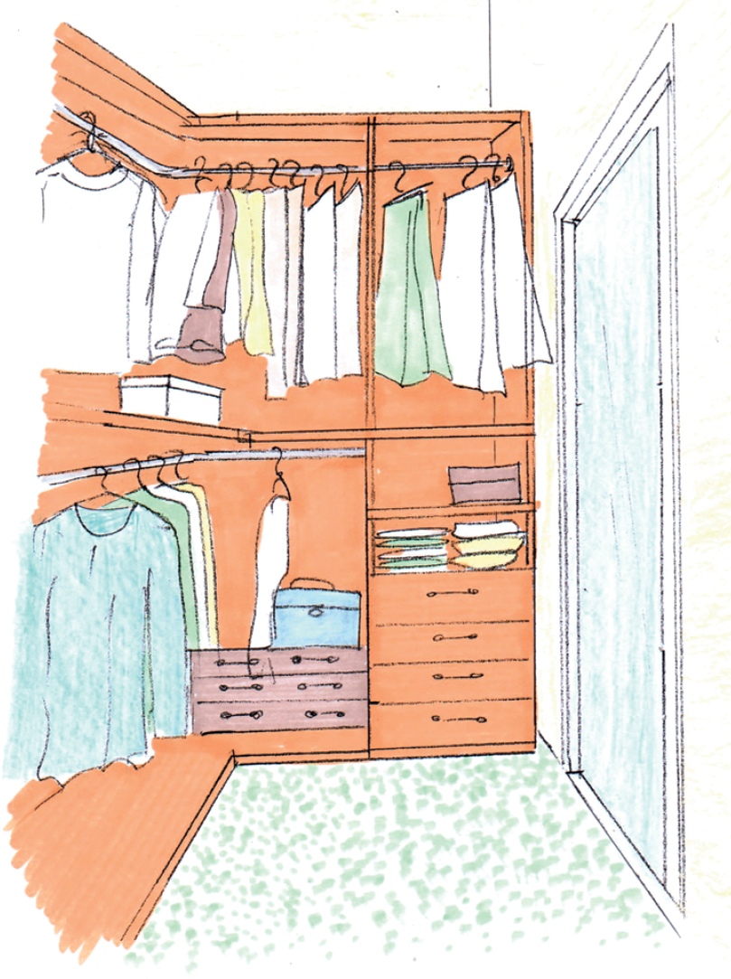 Przesuwane skrzydło drzwi od strony sypialni zamaskowane zostało taką samą tapetą, jaka przyklejona jest na sypialnianych ścianach, a od strony garderoby oklejone lustrem