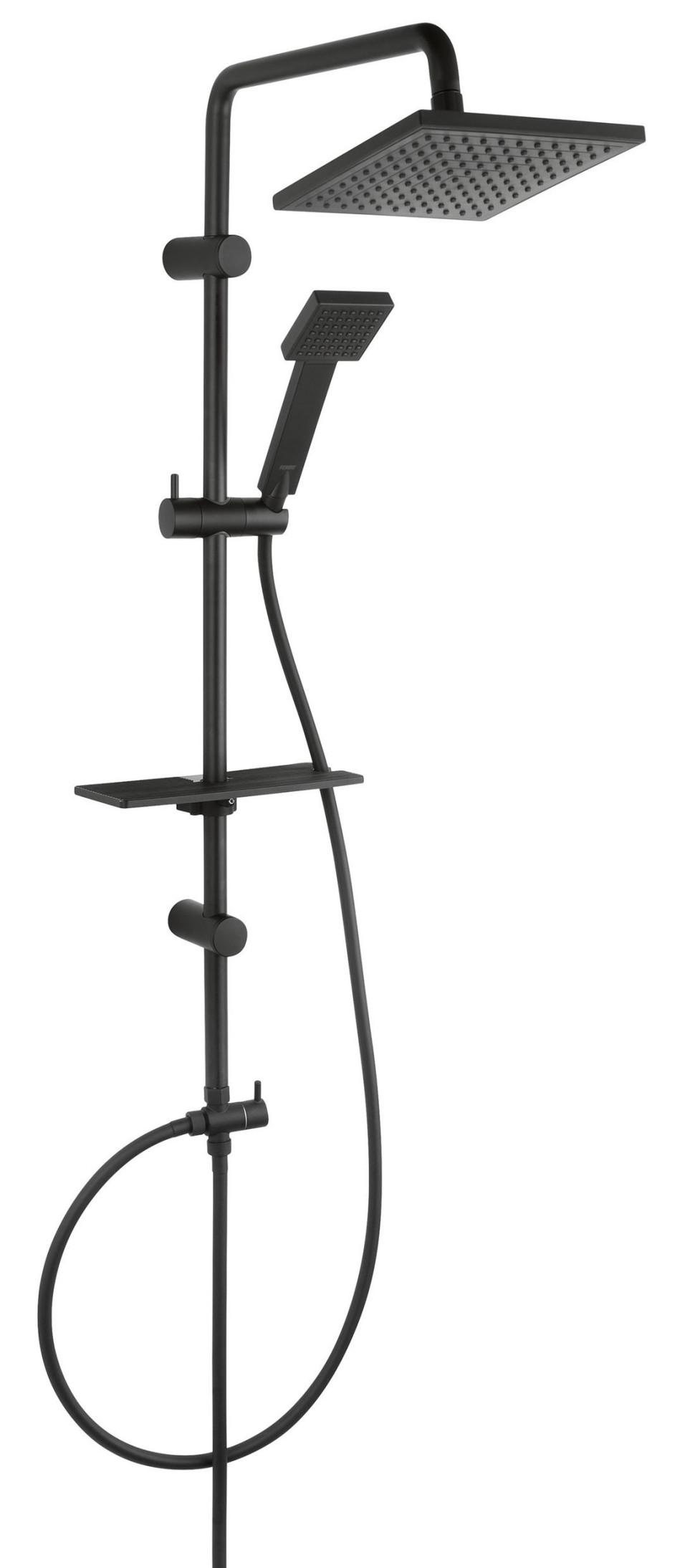 W strefie prysznica uwagę zwraca zestaw natryskowy przesuwny z deszczownią Squerto Lux