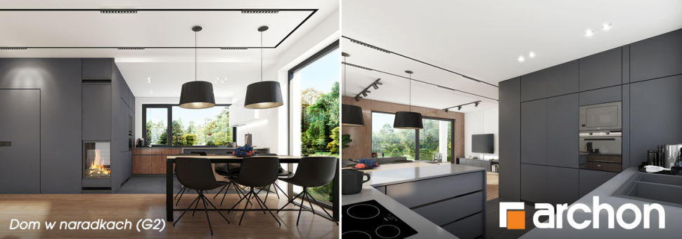 Dom w naradkach (G2) - wizualizacja kuchni z jadalnią