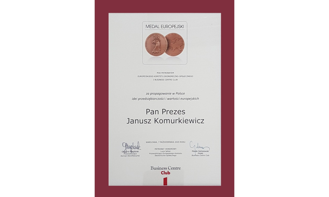 Janusz Komurkiewicz - nagrodzony Honorowym Medalem Europejskim