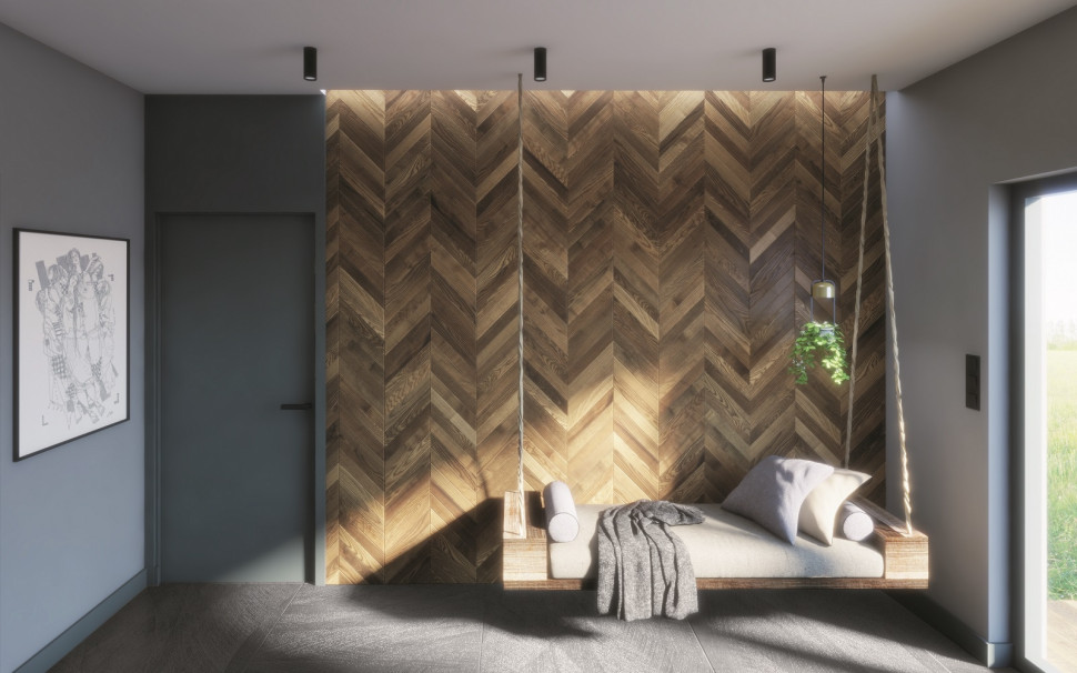 Drewniane elementy ułożone w jodełkę na ścianie