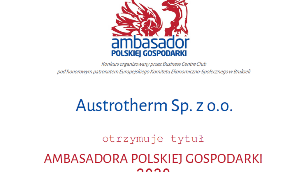 Austrotherm z tytułem Ambasador Polskiej Gospodarki 2020