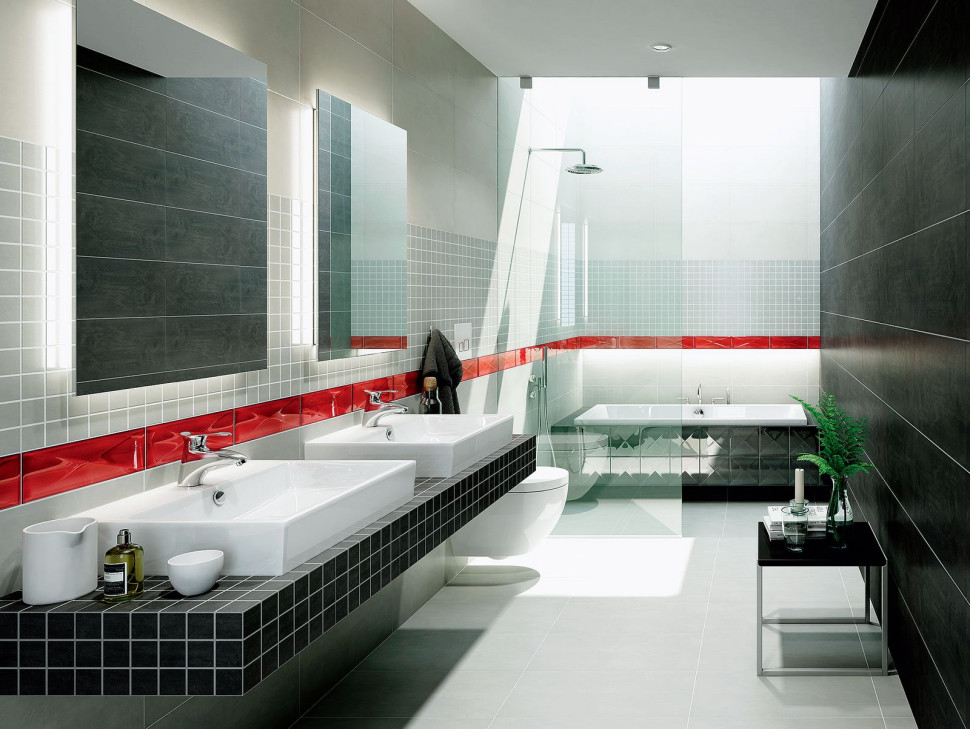 Wykorzystująca kontrast, pełna dynamiki aranżacja: płytki i szklane dekory z kolekcji Aranta