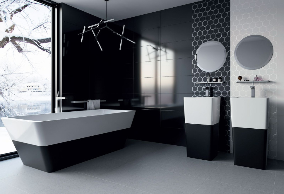 Dynamiczna kompozycja dwukolorowej ceramiki z gładkimi i wzorzystymi płytkami Grace o wymiarach 30 x 60 cm