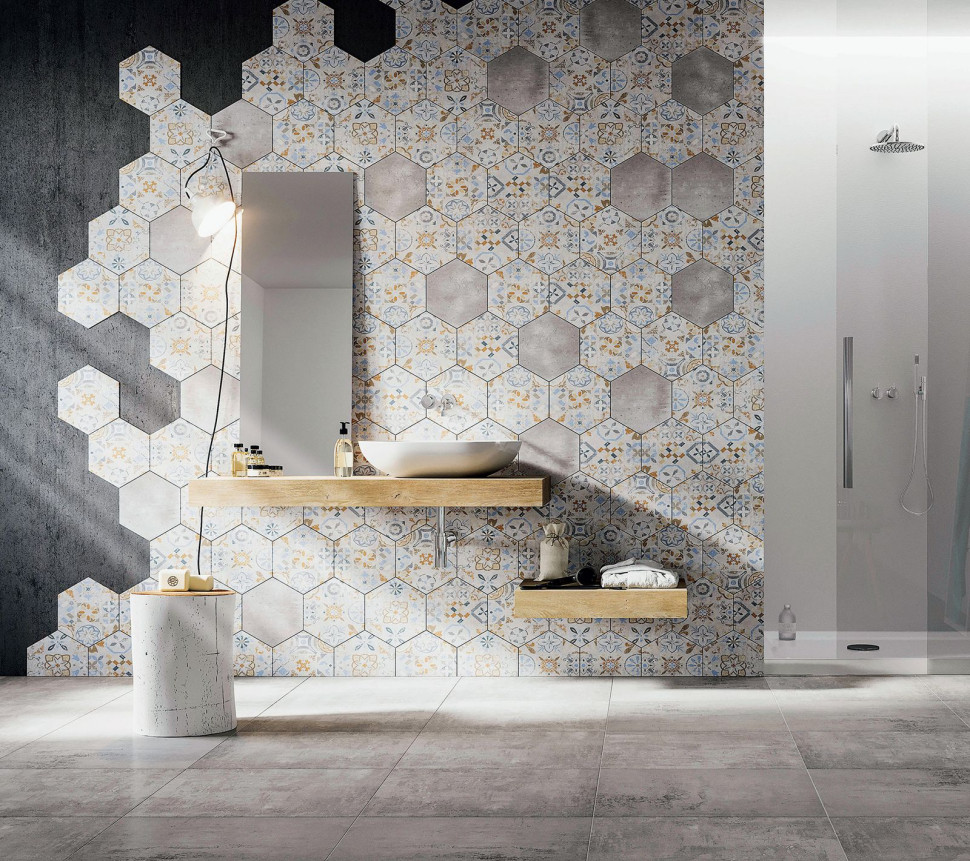 Oryginalnie wykorzystany sześciokątny format płytek z kolekcji Flamenco