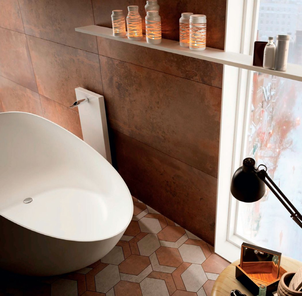 Posadzka w iluzoryczny wzór geometryczny, ułożona z gresowych płytek Lamiera Esagono Brown; 45 x 39 cm