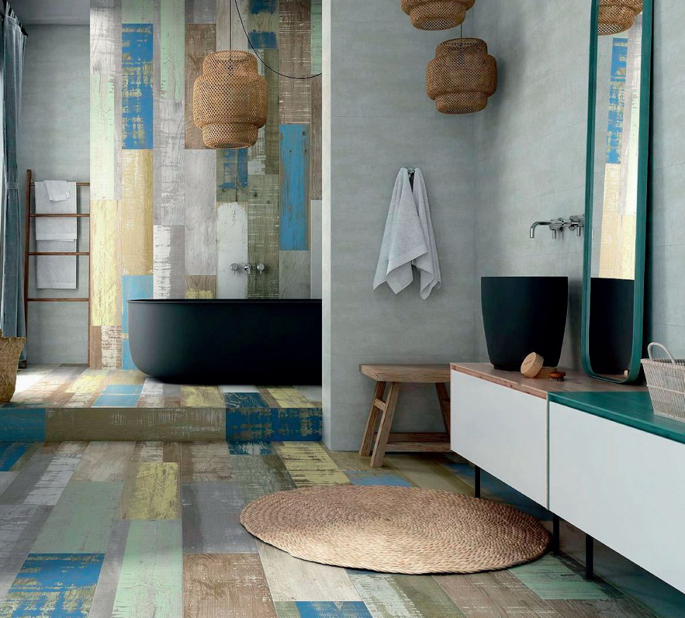 Gresowe płyty Chalkwood, imitujące stary, pomalowany i przetarty parkiet vintage; 25 x 100 cm